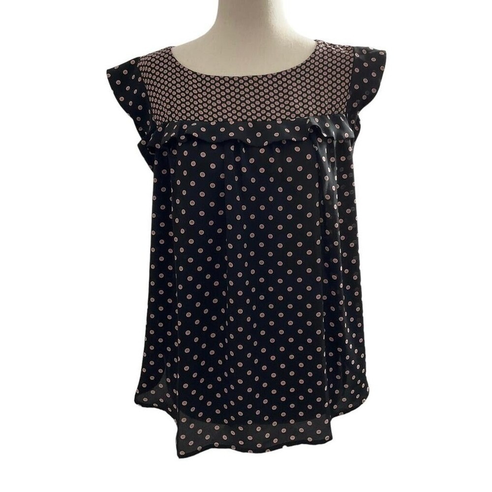 Loft Womens Black Pink Polka Dot Ruffle Cap Sleeve Blouse Top Size M | 0240